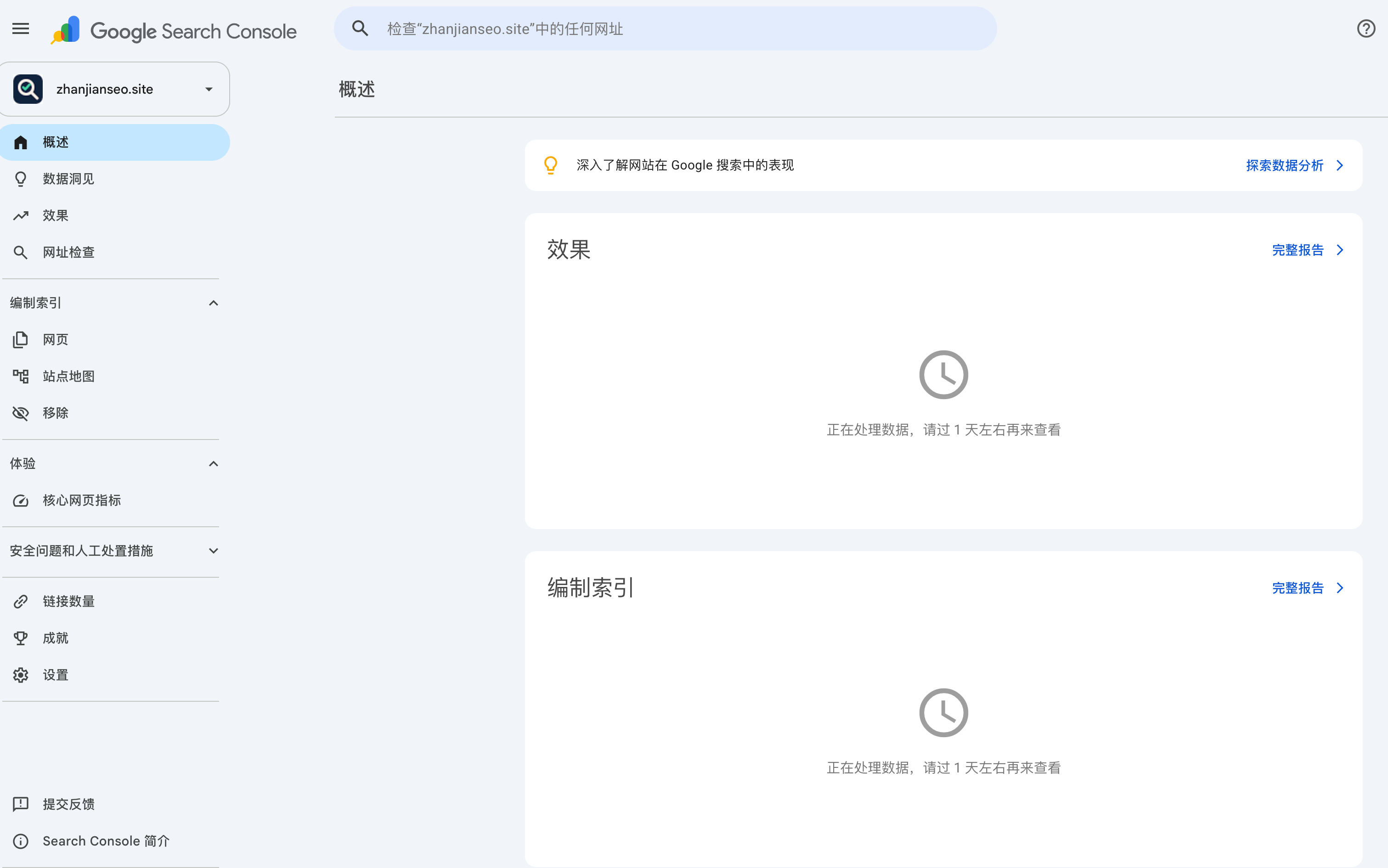 站检域名接入 Google Search Console 后,控制台正在处理初始数据